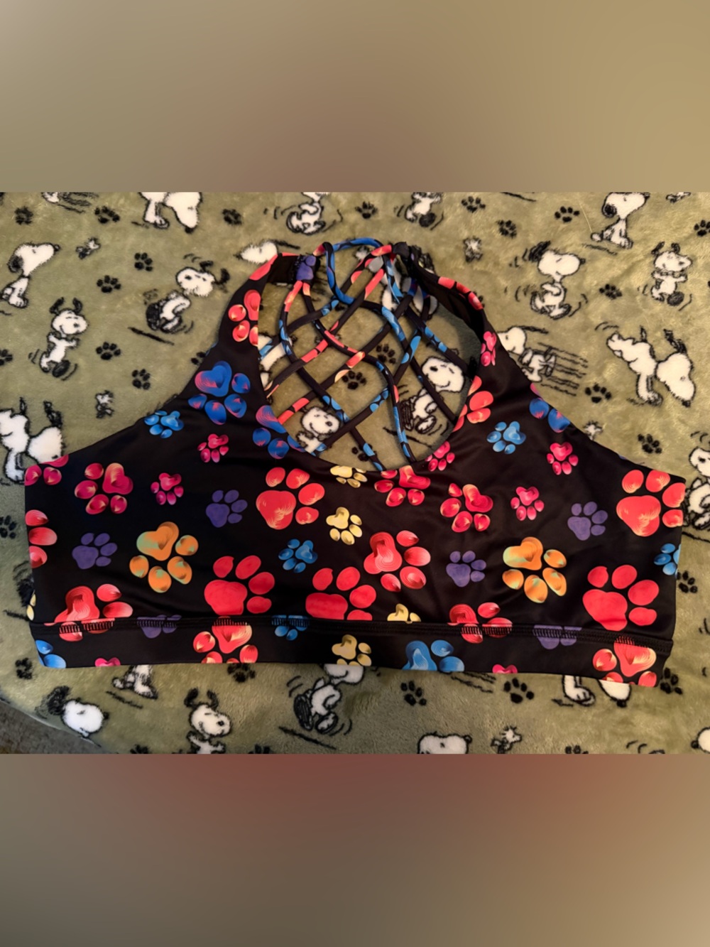 Women’s Black Paw Print Sports Bra with Strappy Back